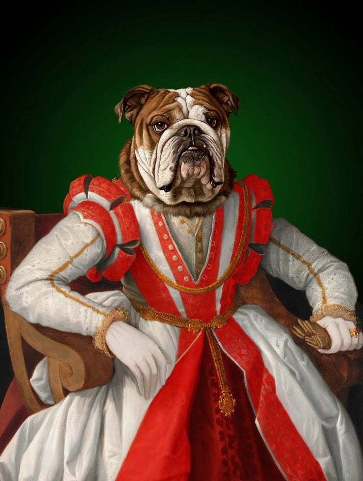 Quadro personalizado de cachorro com traje renascentista vermelho e branco de mangas bufantes