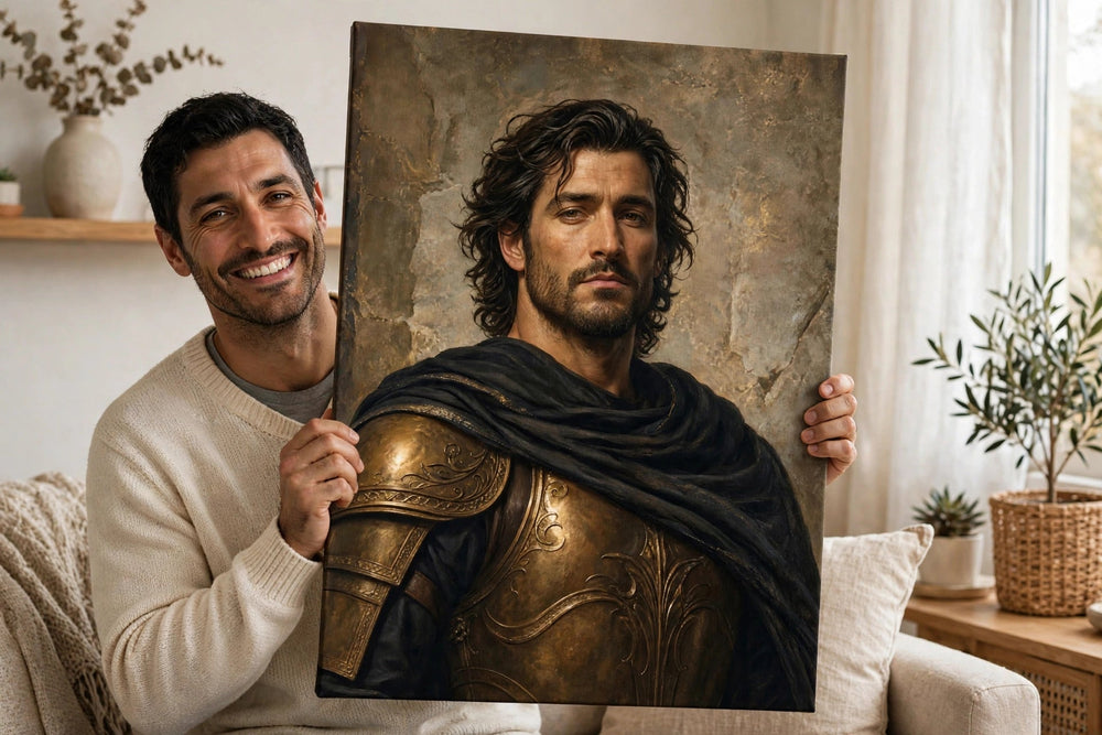 Pessoa segurando o quadro Homem Cavaleiro de Bronze — Quadro Personalizado de Homem no tamanho grande