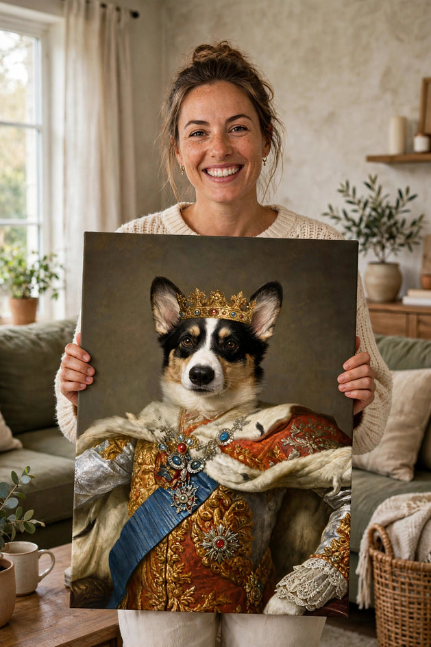 Pessoa segurando o quadro Príncipe das Neves — Retrato Real Personalizado para Pet no tamanho grande