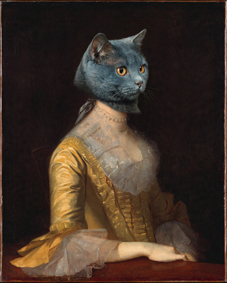 Quadro personalizado de gata azul-russa de vestido dourado