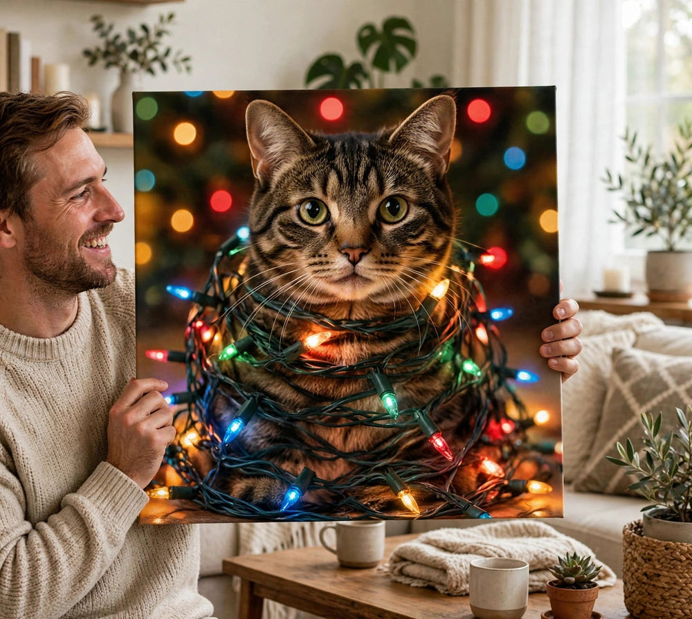 Pessoa segurando o quadro Quadro de Natal Personalizado — Gato com Pisca-Pisca no tamanho grande