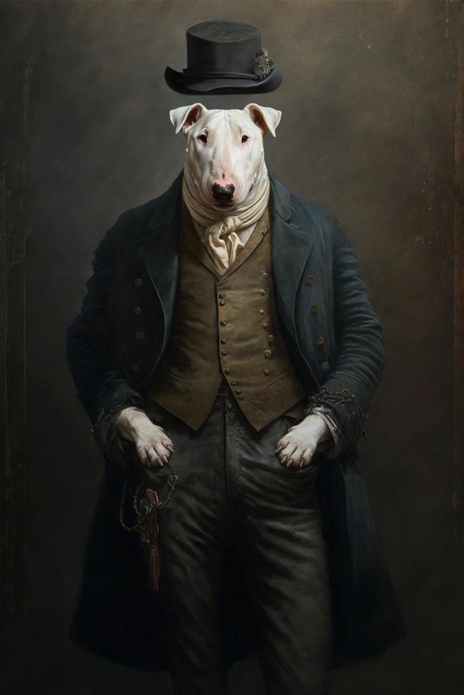 Quadro personalizado de cachorro bull terrier com cartola em traje vitoriano