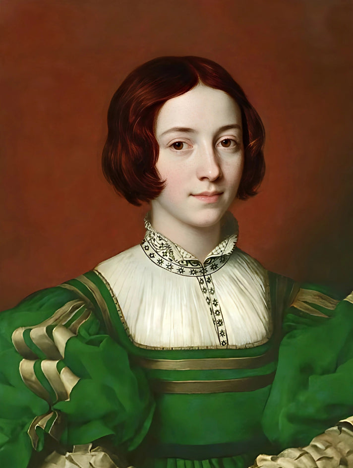 Quadro personalizado de mulher com vestido verde-esmeralda renascentista com faixas douradas e gola de renda branca