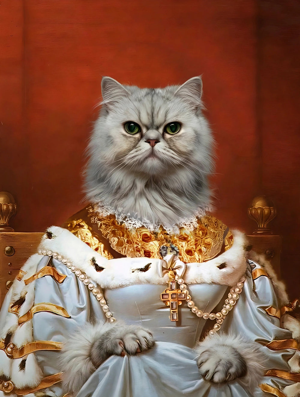 Quadro personalizado de gata persa como rainha de vestido branco e dourado