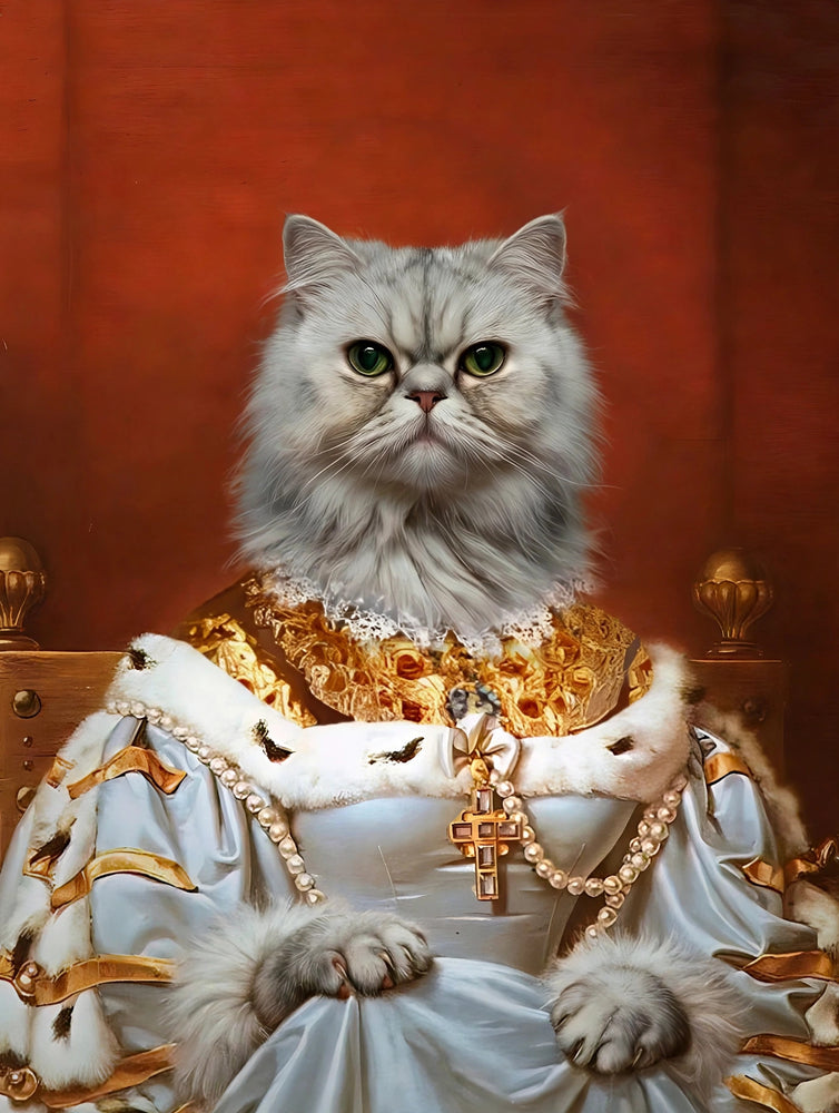 Quadro personalizado de gata persa como rainha de vestido branco e dourado