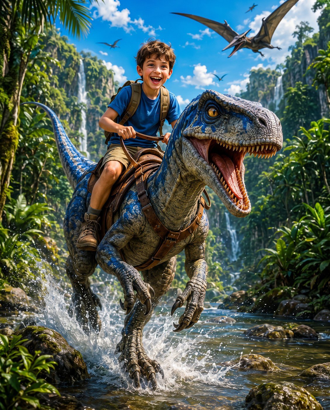 Menino Cavalgando Dinossauro — Quadro Personalizado de Criança
