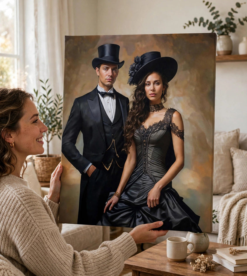 Pessoa segurando o quadro Quadro Personalizado de Casal — Charme Vintage no tamanho grande