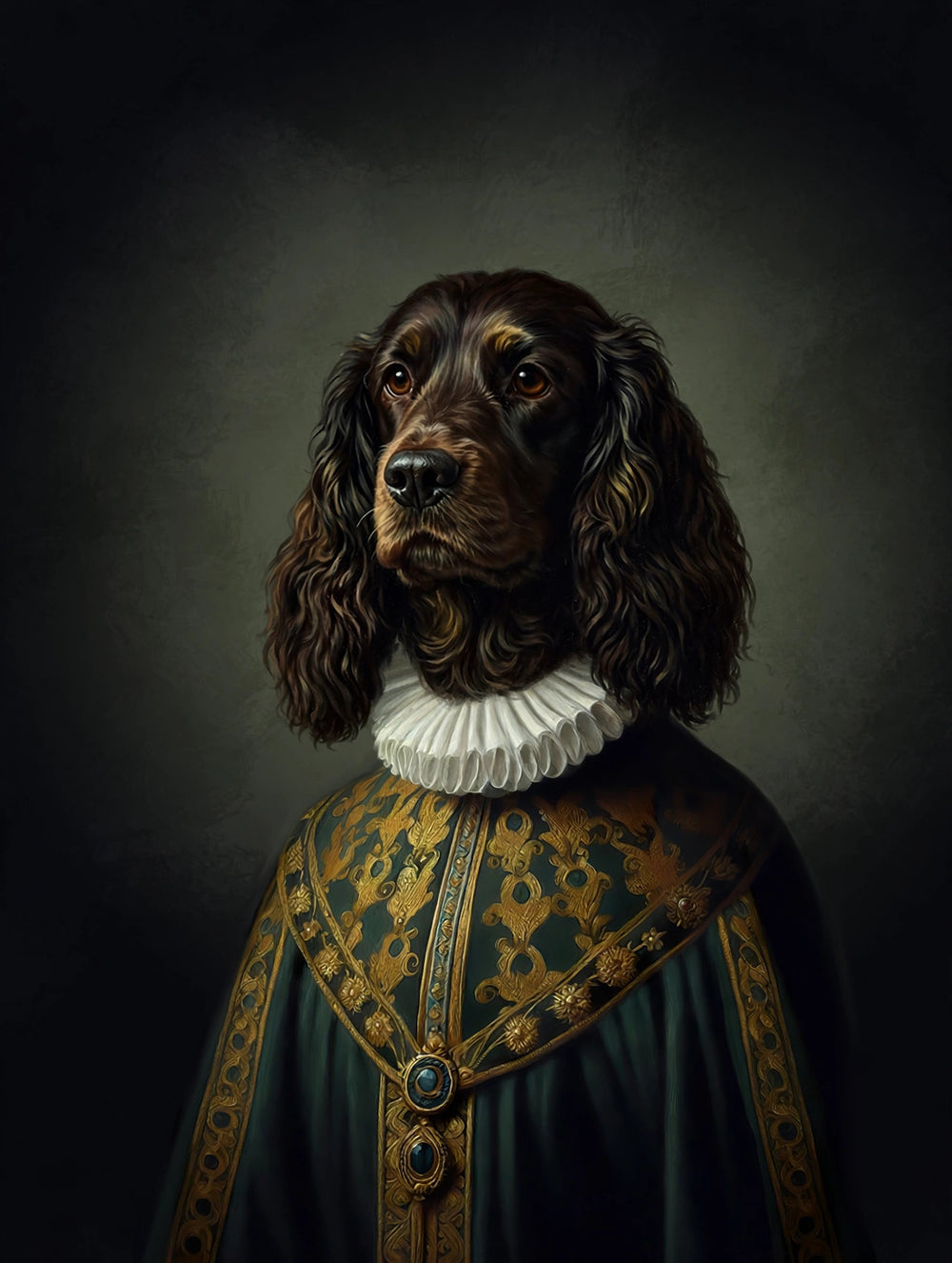 Quadro personalizado de cachorro spaniel com manto verde-esmeralda