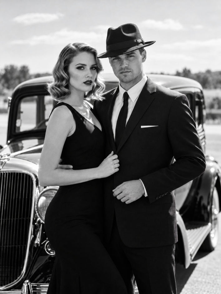 Quadro canvas Casal noir preto e branco com carro vintage — arte principal
