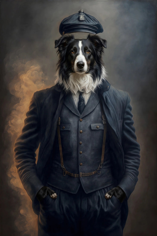 Quadro personalizado de cachorro border collie com terno escuro e boina