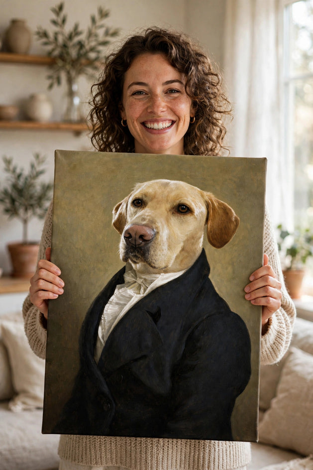 Mulher segurando o quadro Rei Destemido no tamanho grande