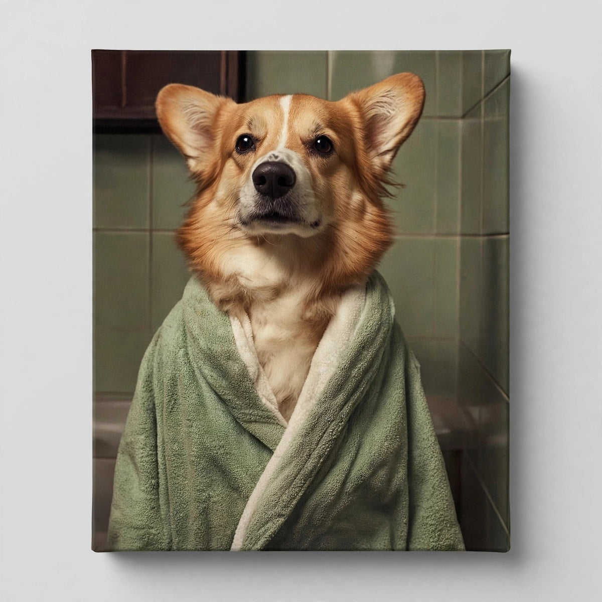 Quadro Personalizado de Pet — Corgi de Roupão Verde