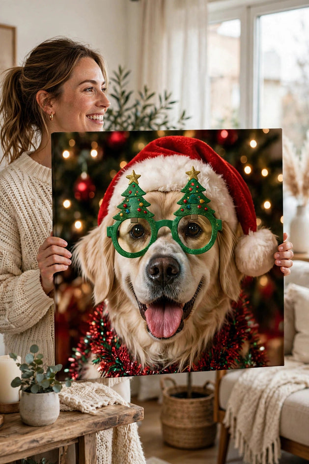 Pessoa segurando o quadro Quadro de Natal Personalizado — Óculos de Árvore no tamanho grande