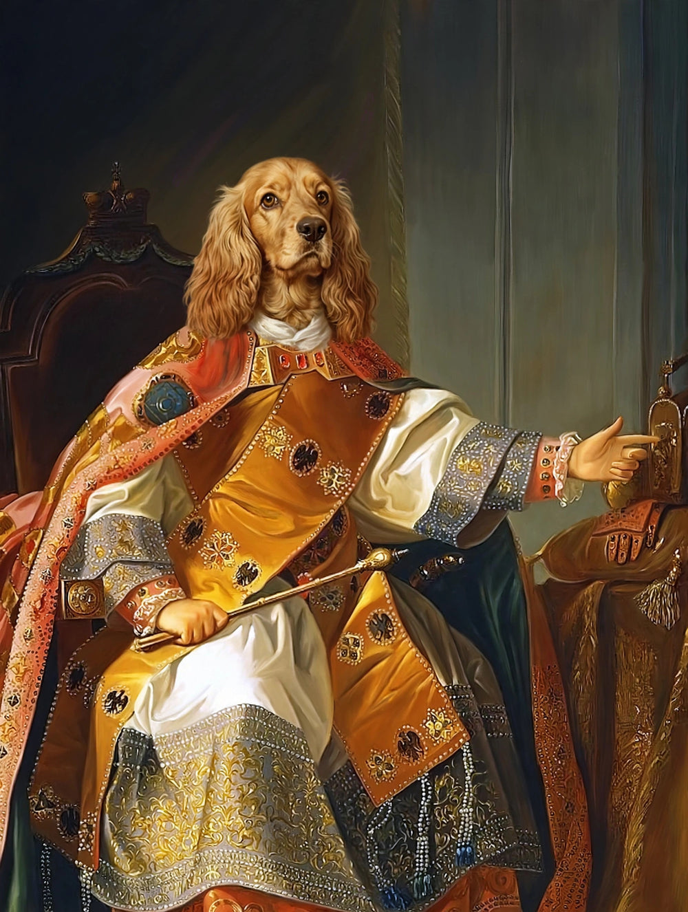 Quadro personalizado de cachorro cavalier com manto dourado e cetro
