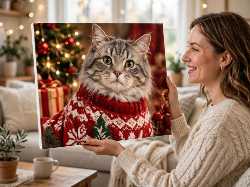 Pessoa segurando o quadro Quadro de Natal Personalizado — Suéter de Natal no tamanho grande