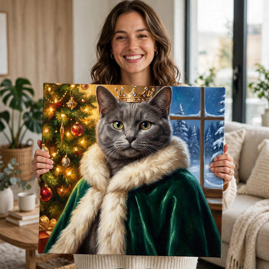 Pessoa segurando o quadro Realeza de Natal — Quadro Personalizado de Gato no tamanho grande