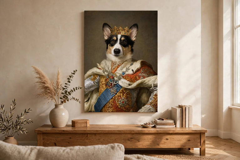 Quadro Príncipe das Neves — Retrato Real Personalizado para Pet pendurado na parede da sala