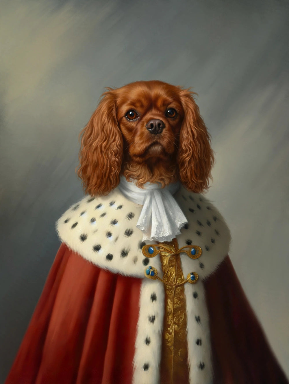 Quadro personalizado de cachorro cavalier com manto escarlate