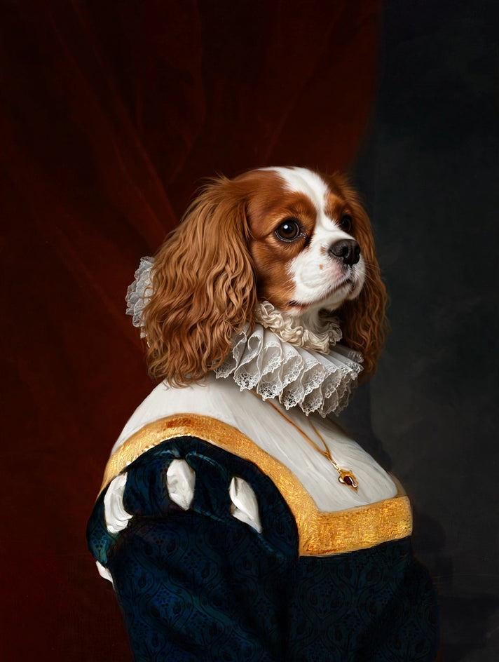 Quadro personalizado de cachorro com vestido azul-marinho com detalhes dourados