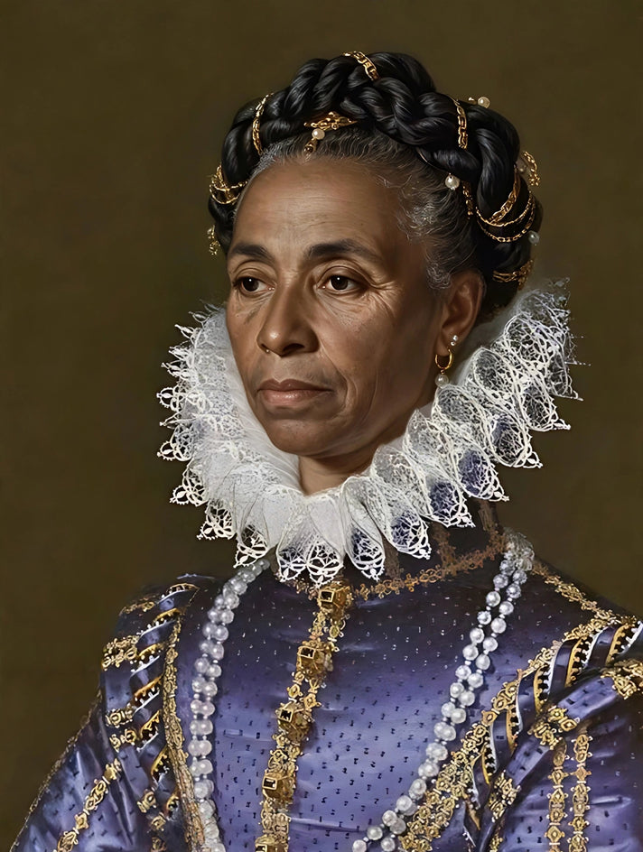 Quadro personalizado de mulher com vestido de brocado púrpura com bordados dourados