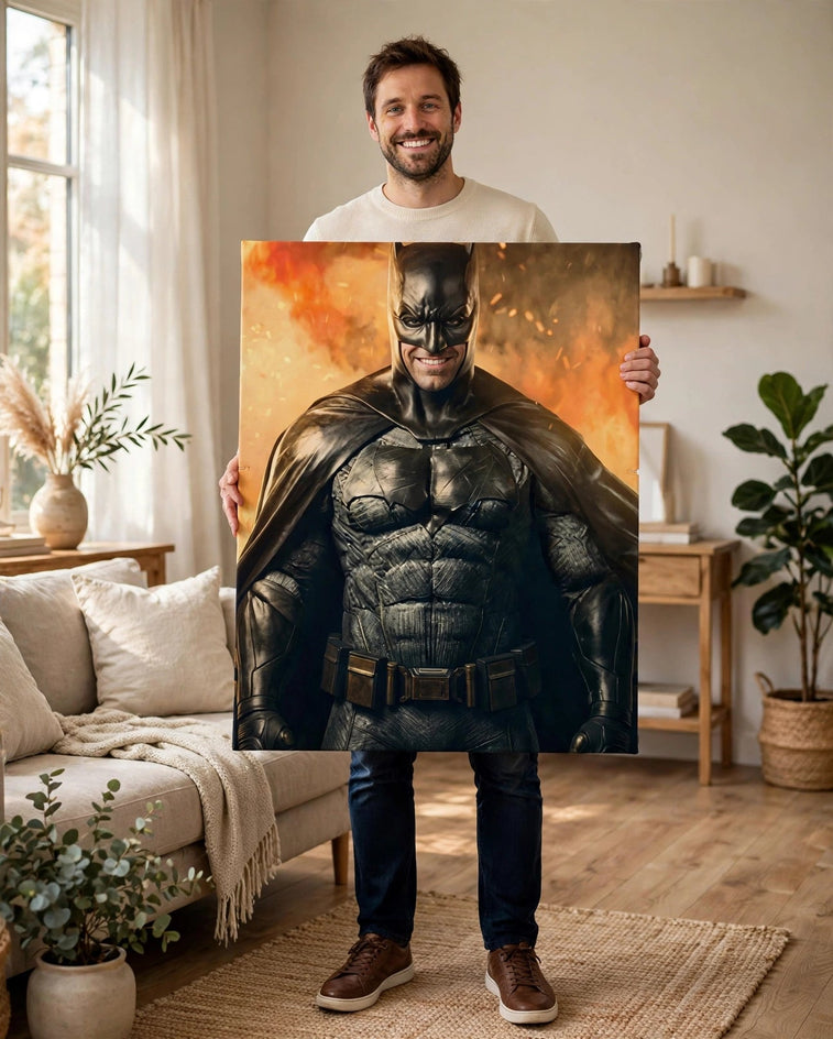 Pessoa segurando o quadro Guardião da Noite em Armadura — Retrato Personalizado para Adultos e Pets no tamanho grande