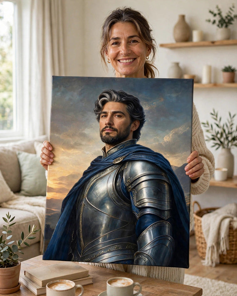 Pessoa segurando o quadro Homem Cavaleiro do Crepúsculo — Quadro Personalizado de Homem no tamanho grande