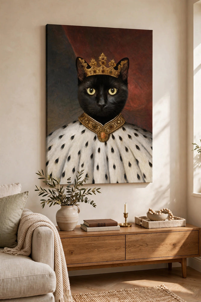 Quadro Rei da Noite — Retrato Real Personalizado para Gato pendurado na parede da sala