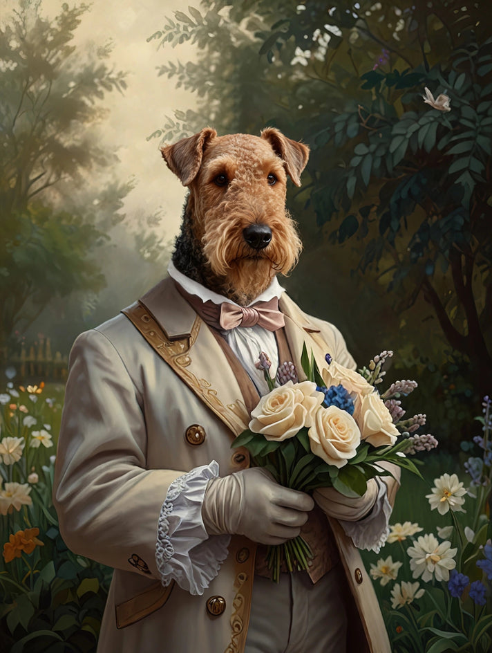 Quadro personalizado de cachorro airedale em jardim florido
