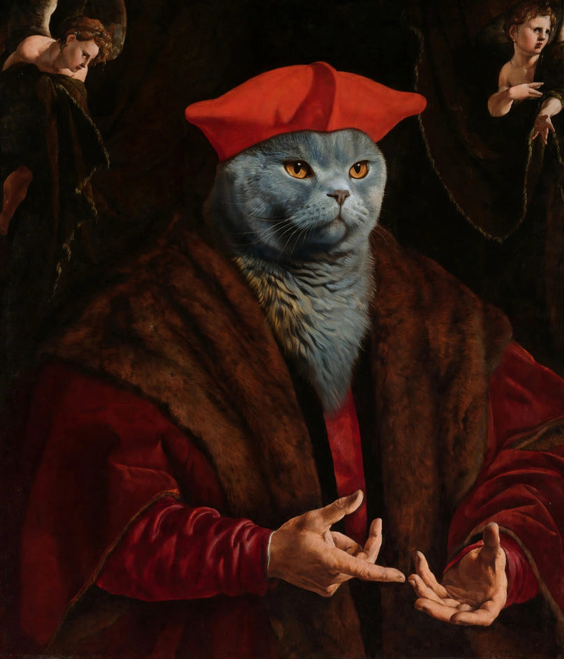 Quadro personalizado de gato azul-russo como cardeal em manto escarlate
