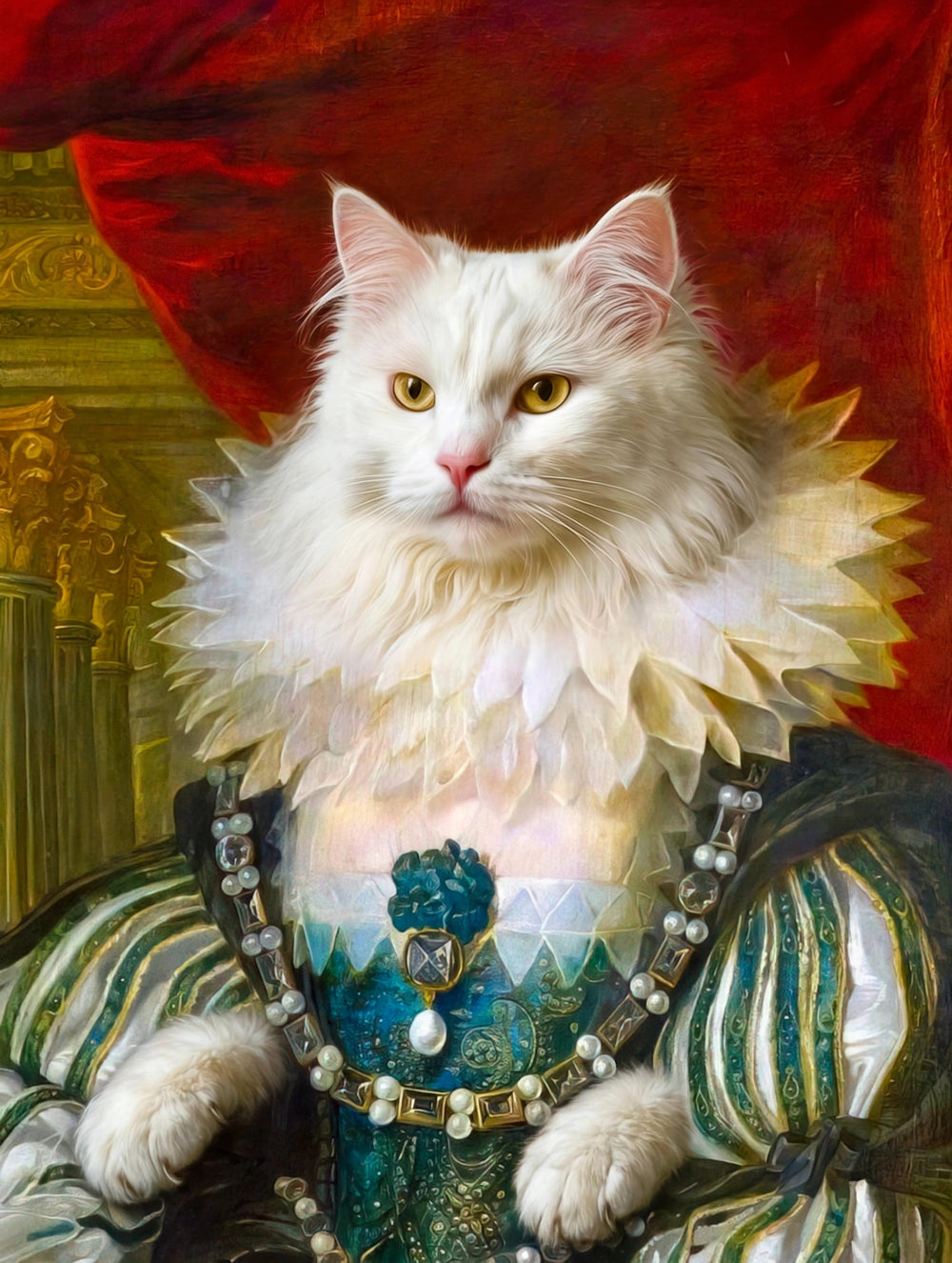 Quadro personalizado de gata persa branca como rainha elisabetana