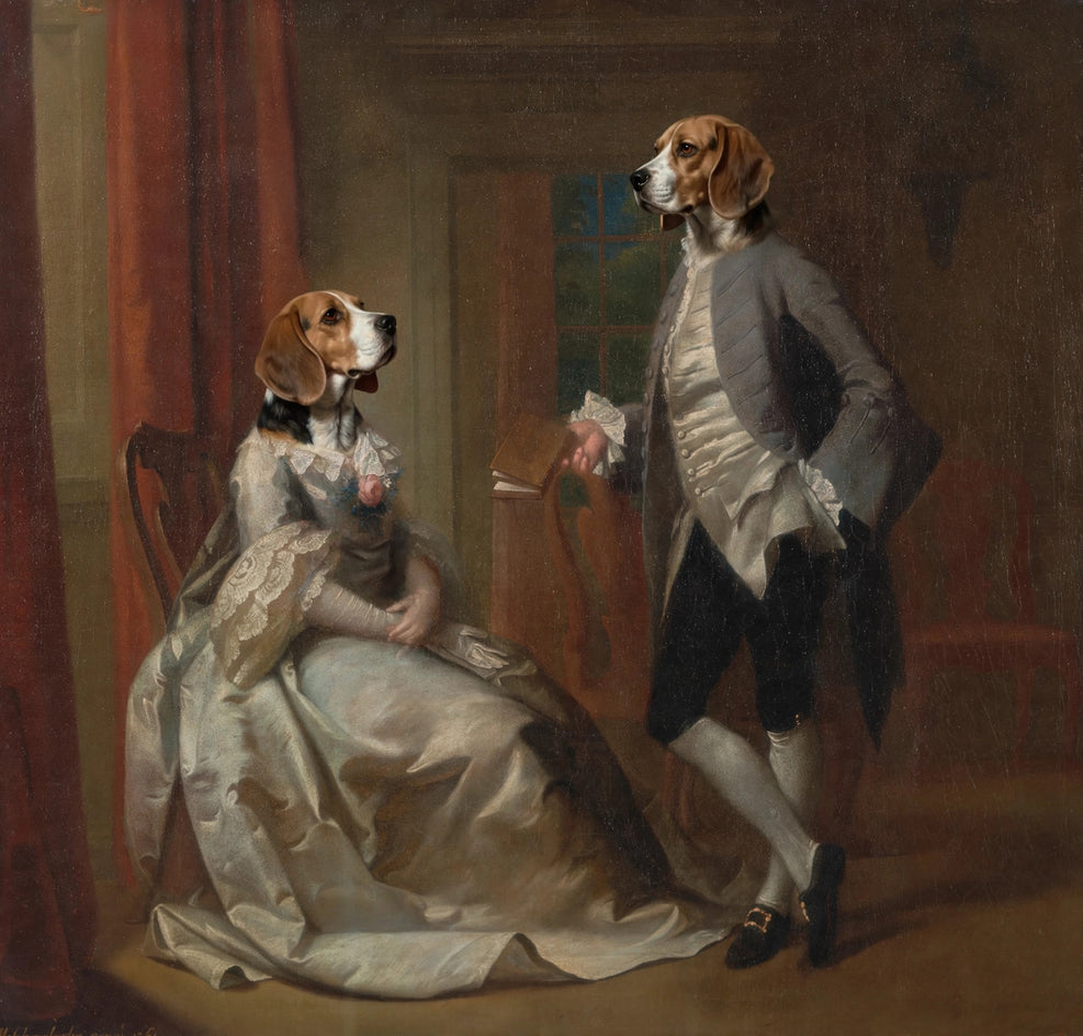 Quadro personalizado de beagles casal em salão aristocrático