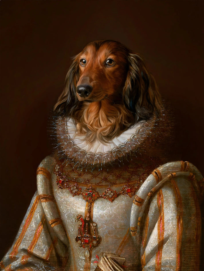 Quadro personalizado de cachorro com traje de brocado creme e dourado com gola de pele e bordados delicados