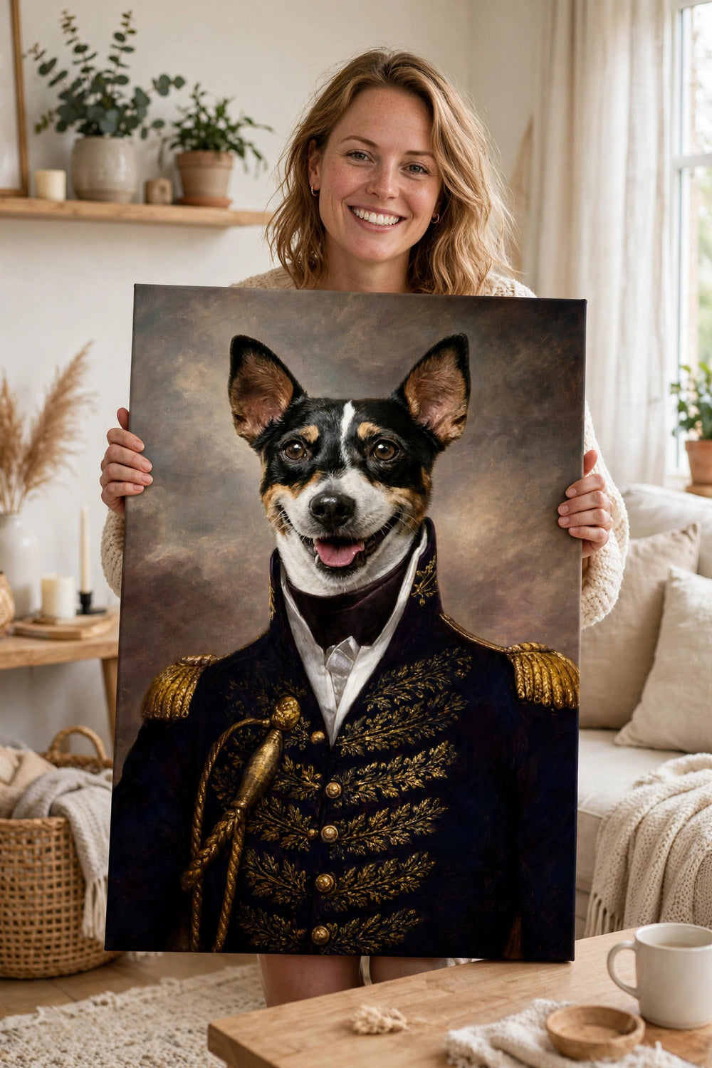 Pessoa segurando o quadro Conde Elegante — Retrato Real Personalizado para Pet no tamanho grande