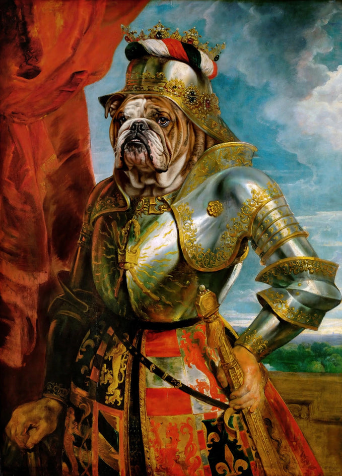 Quadro personalizado de cachorro bulldog inglês como cavaleiro em armadura dourada