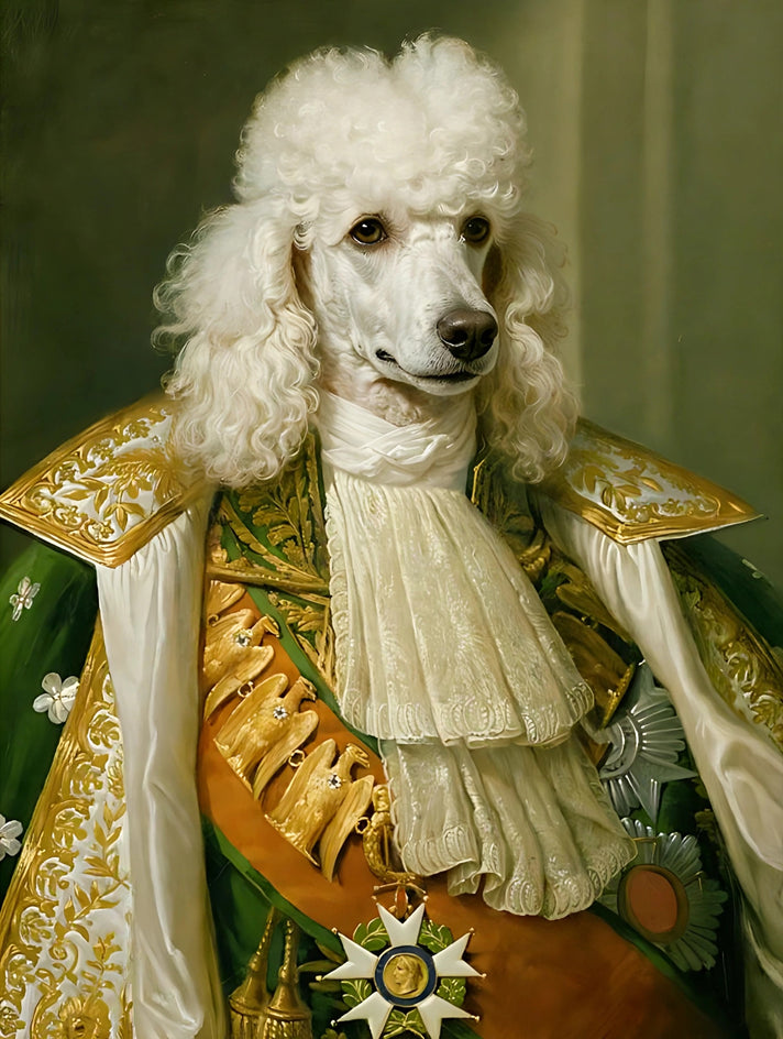 Quadro personalizado de cachorro poodle cerimonial de manto verde