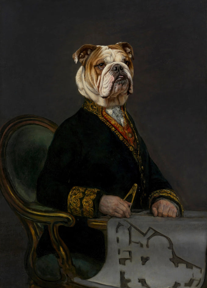Quadro personalizado de buldogue estrategista com mapa antigo