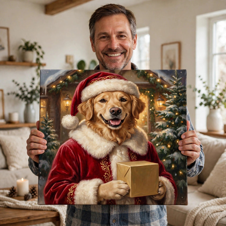 Pessoa segurando o quadro Magia de Dezembro — Quadro Personalizado de Cachorro no tamanho grande