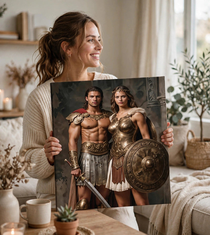 Pessoa segurando o quadro Quadro Personalizado de Casal — Gladiadores no tamanho grande