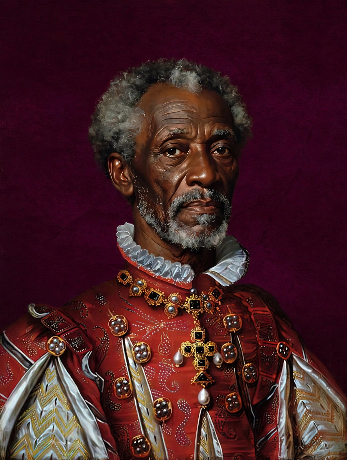 Homem Ancião de Gibão Vermelho Tudor e Joias — Quadro Personalizado de Homem