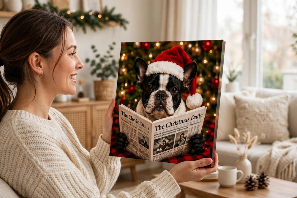 Pessoa segurando o quadro Quadro de Natal Personalizado — Jornal de Natal no tamanho grande