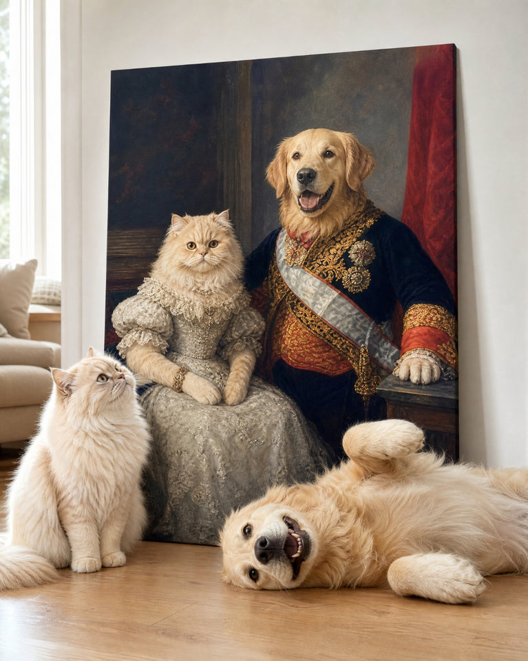Casal Real de Cachorro e Gato — Quadro Personalizado de 2 Pets