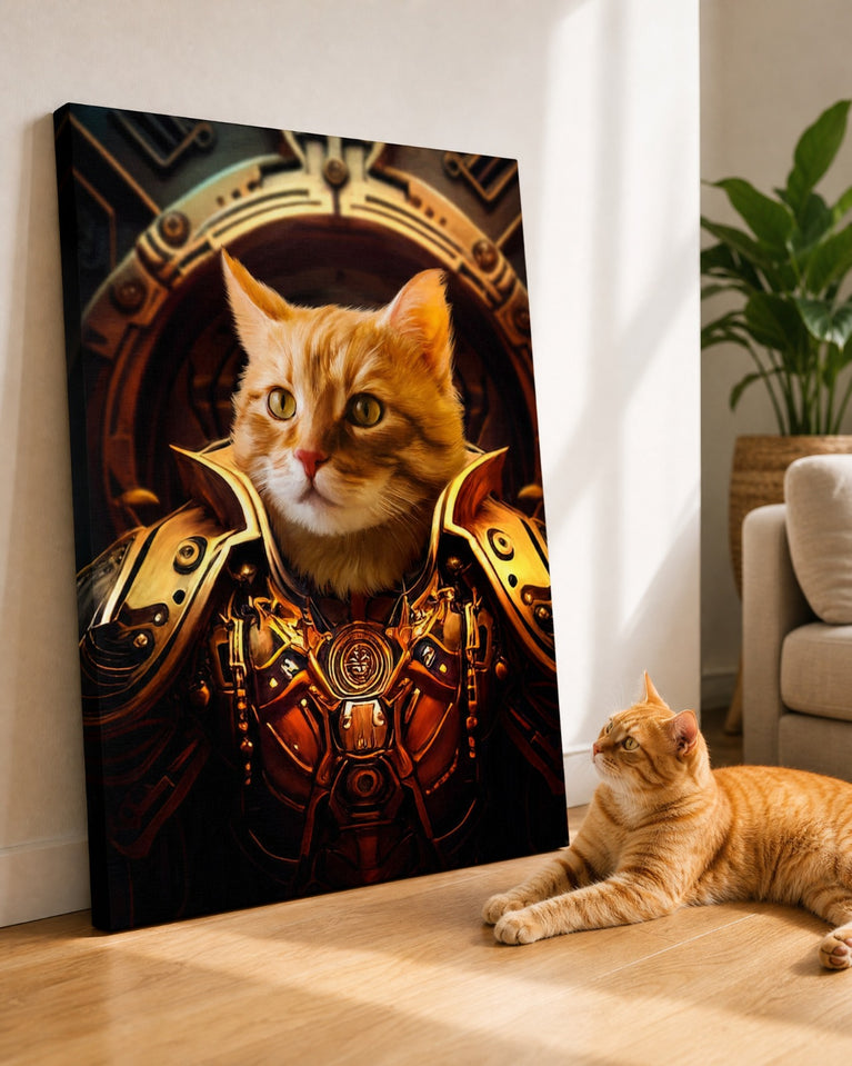 Gato Guerreiro de Armadura Dourada — Quadro Personalizado de Gato