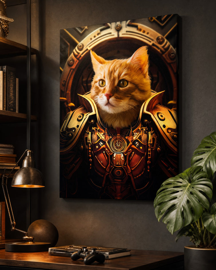 Gato Guerreiro de Armadura Dourada — Quadro Personalizado de Gato