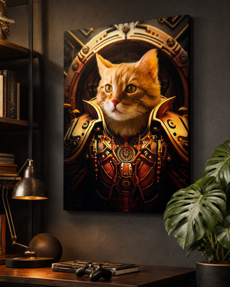 Gato Guerreiro de Armadura Dourada — Quadro Personalizado de Gato