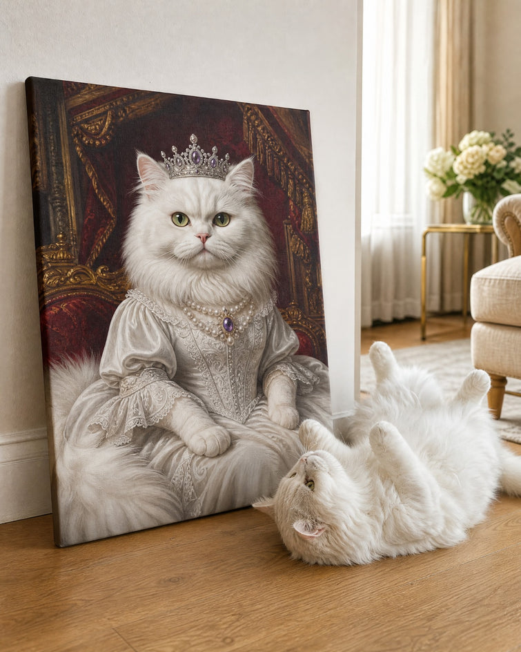 Gata Rainha Branca Coroada — Quadro Personalizado de Gato