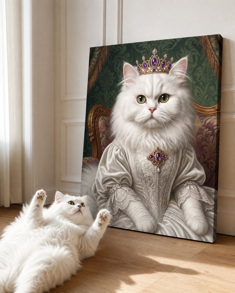 Gata Rainha Branca Coroada — Quadro Personalizado de Gato