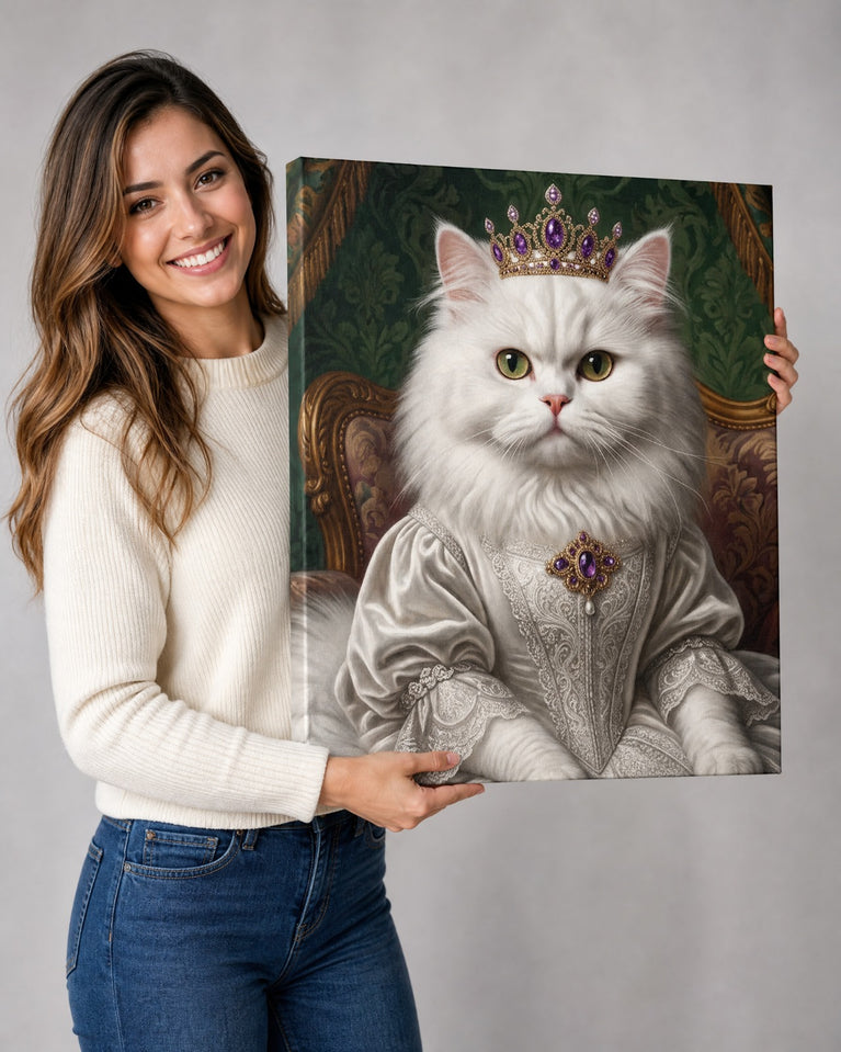 Gata Rainha Branca Coroada — Quadro Personalizado de Gato