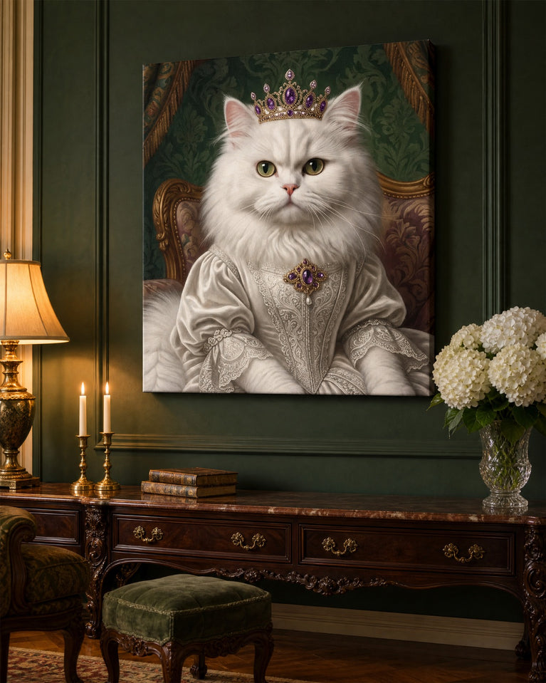 Gata Rainha Branca Coroada — Quadro Personalizado de Gato