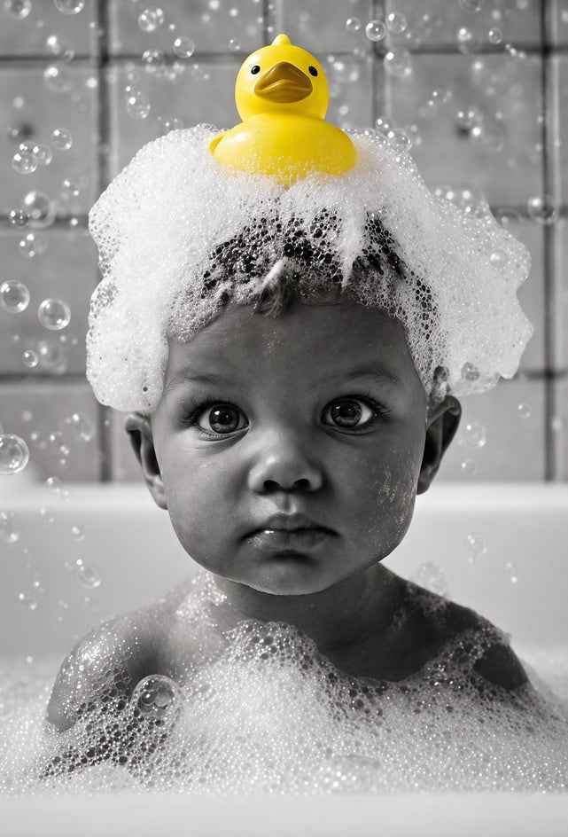 Detalhe do bebê na banheira com espuma e patinho amarelo sobre a cabeça, em preto e branco