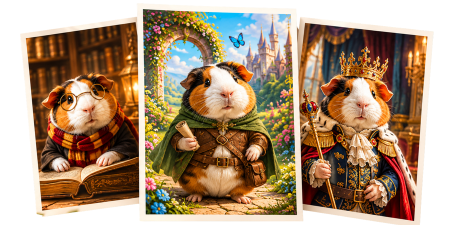 Três estilos de arte personalizados usando o mesmo porquinho-da-índia